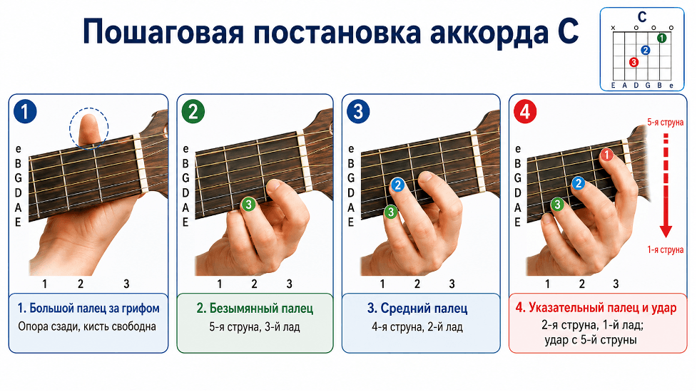Аккорд C на гитаре: аппликатуры, постановка пальцев и переходы