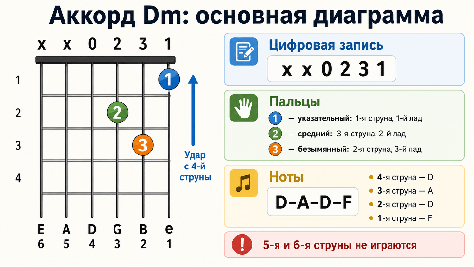 Аккорд Dm на гитаре: схема, постановка пальцев и варианты