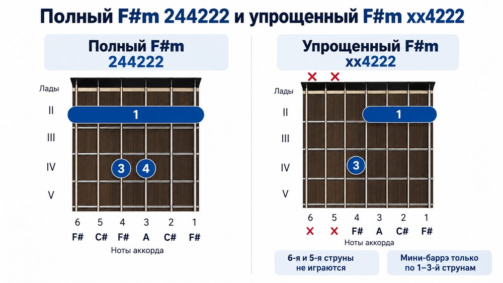 Аккорд F#m на гитаре: аппликатуры с баррэ и без него