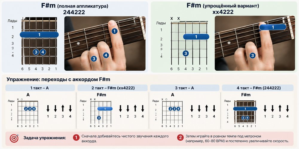Аккорд F#m на гитаре: аппликатуры с баррэ и без него